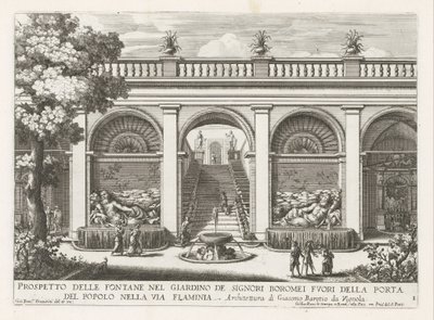 Tuin van een paleis te Rom Prospekt af springvandene i herrernes Boromeis have (...) (titel på objektet) Springvandene i Roms paladser og haver (serietitel) Fonteinen in de paleizen en tuinen van Rome (serietitel) af Giovanni Francesco Venturini