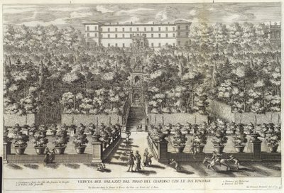 Udsigt over paladset fra haveetagen med dets springvand, fra La Fontane, pub. omkring 1691 af Giovanni Francesco Venturini