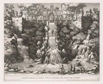 Udsigt til vandfaldet under orglet i havegulvet. af Giovanni Francesco Venturini