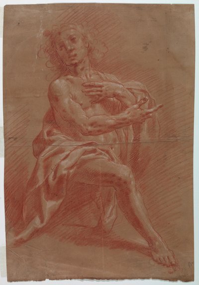 Tegning, Knælende mand, til Hyrdernes tilbedelse, 1601-1650 af Giovanni Giacomo Barbelli
