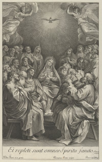 Jomfruen med apostle ser op mod den hellige due og to engle, efter Reni, 1700-50. af Giovanni Girolamo Frezza