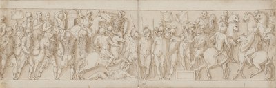 En sarmatisk landsby bliver ødelagt under kejserens øjne (XCVIII og begyndelsen af IC); barbarer ser på fra et stativ (CVI); Marcus Aurelius modtager en ridende tysk budbringer til hest (CVII) af Giovanni Guerra