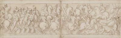 Marcus Aurelius drager ud over en kaj med infanteri og kavaleri (CVIII); Sarmaterne slås tilbage af fremrykkende romere (CIX) af Giovanni Guerra