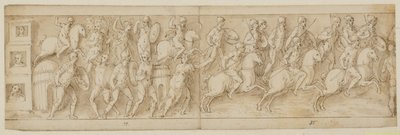 Tre sedanstole (slutningen af XLII); romerne angriber en høvdings bolig (XLIII); romerne marcherer tilbage til lejren (XLIV) af Giovanni Guerra