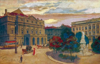 Milano / Milan: Piazza og Teatro della Scala (farvelitografi) af Giovanni Guerzoni