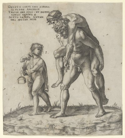 Aeneas redder Anchises, en ung dreng med en lanterne til venstre, ca. 1525., ca. 1525. af Giovanni Jacopo Caraglio