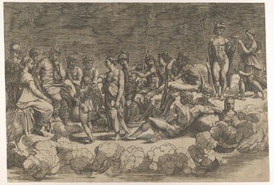 Forsamling af guderne efter loftsammensætningen i Loggia di Psiche, Villa Farnesina..., 1527. af Giovanni Jacopo Caraglio
