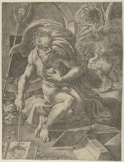 Diogenes sad med sin tønde bag sig og læste en bog, mens han holdt en pind..., ca. 1526-27. af Giovanni Jacopo Caraglio