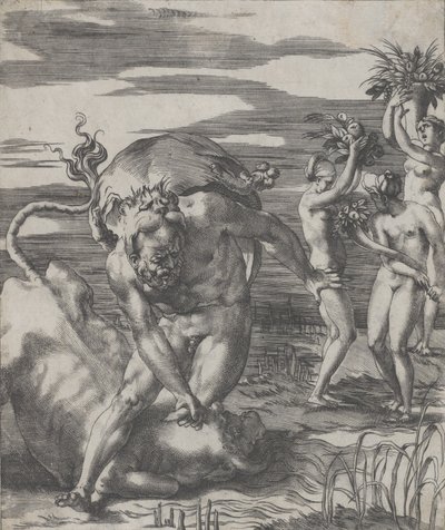Hercules besejrer flodguden Achelous i form af en tyr, med tre kvinder t..., ca. 1526-27. af Giovanni Jacopo Caraglio
