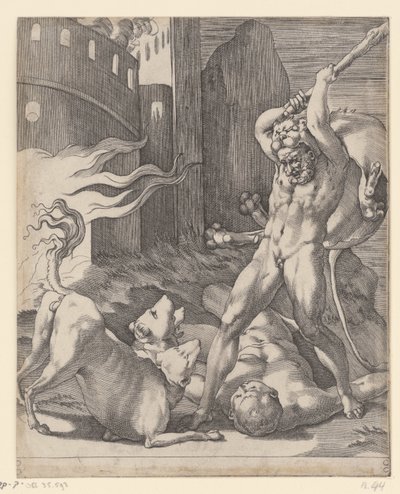 Hercules kæmper mod Cerberus Scener med Hercules (serietitel) af Giovanni Jacopo Caraglio