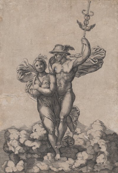 Merkur bærer Psyche til Olympen, efter Rafaels komposition i Villa Farnes..., ca. 1520-39. af Giovanni Jacopo Caraglio
