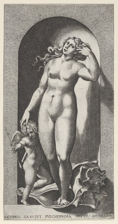 Plade 10: Venus i en niche, stående på en konkylie, med Amor til højre, fra en ser..., 1526. af Giovanni Jacopo Caraglio