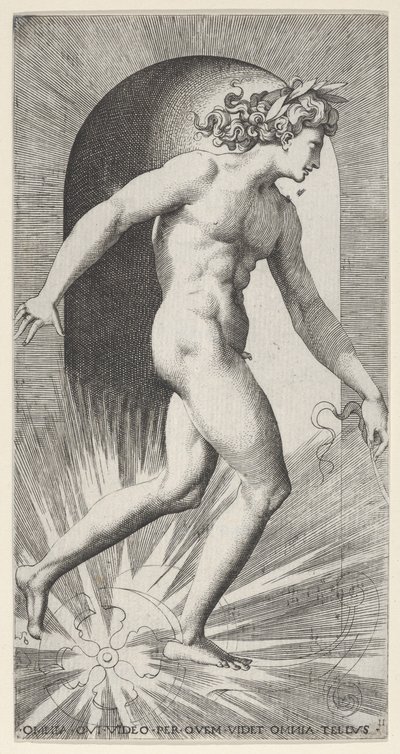 Plade 11: Apollo kører på sin vogn i en niche, vendt mod højre, fra en række mythologica..., 1526. af Giovanni Jacopo Caraglio