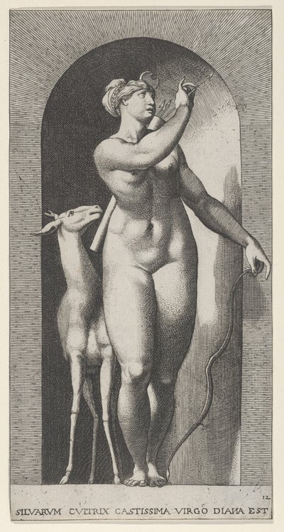 Plade 12: Diana står i en niche, drejer sig til venstre og trækker en pil ud af en qu..., 1526. af Giovanni Jacopo Caraglio