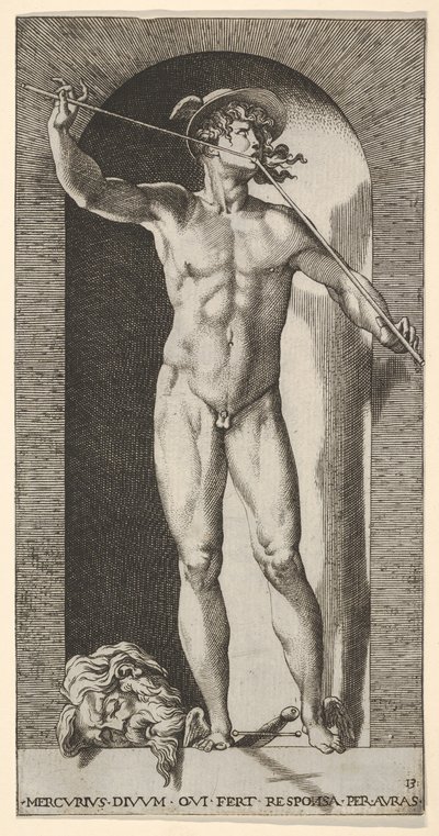 Plade 14: Mercury står i en niche og spiller sine piber, med det afhuggede hoved af en gammel m..., 1526. af Giovanni Jacopo Caraglio