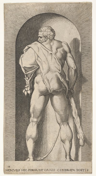 Plade 15: Hercules stående i en niche, iført løveskind og holder en kølle, set fra..., 1526. af Giovanni Jacopo Caraglio