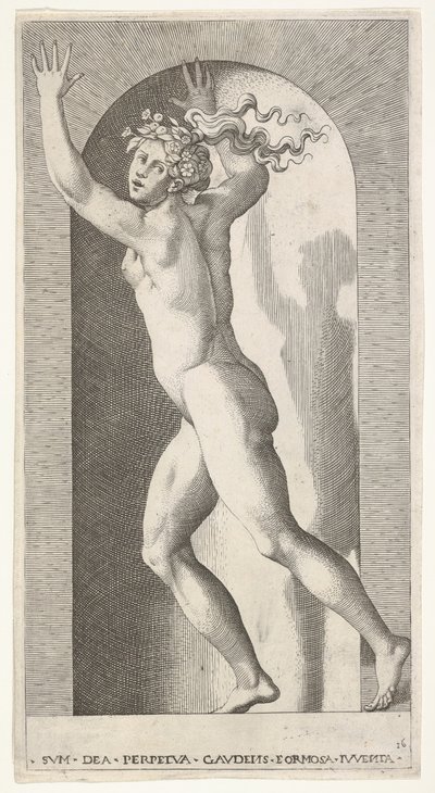 Plade 16: Hebe i en niche med hænderne i vejret, løber til venstre, mens hun ser til ..., 1526. af Giovanni Jacopo Caraglio