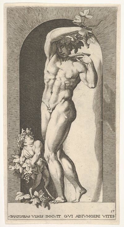 Tallerken 17: Bacchus stående i en niche og holder druer over en tallerken, ledsaget af en infa..., 1526. af Giovanni Jacopo Caraglio