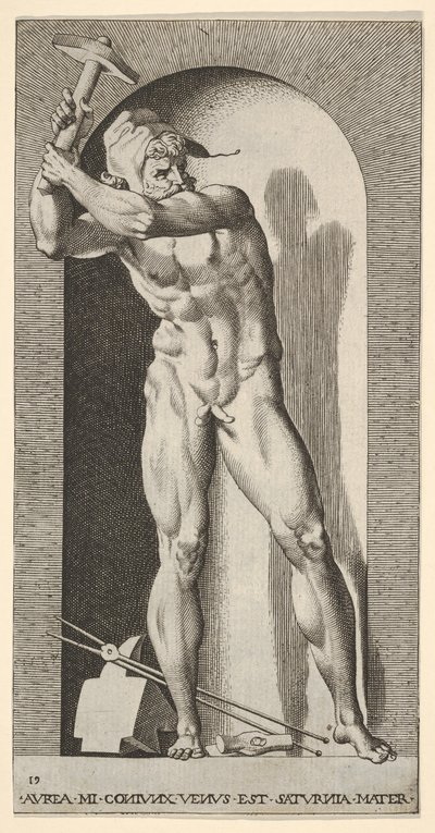 Plade 19: Vulcan står i en niche og svinger en hammer, med en ambolt, hammer og tang a..., 1526. af Giovanni Jacopo Caraglio