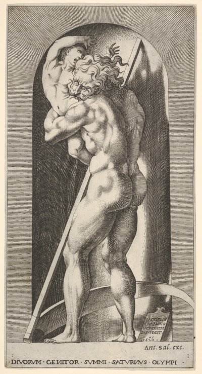 Plade 1: Saturn i en niche, der fortærer sin søn, stående foran en le, fra en række m..., 1526. af Giovanni Jacopo Caraglio