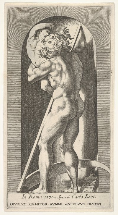 Plade 1: Saturn i en niche, der fortærer sin søn, stående foran en le, fra en række m..., 1526. af Giovanni Jacopo Caraglio