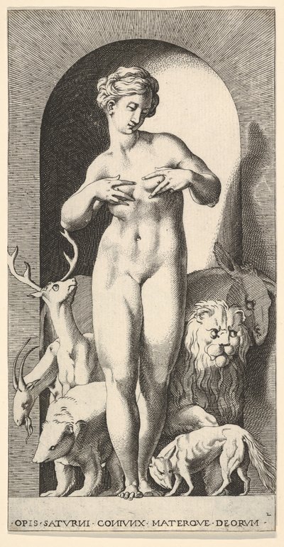 Plade 2: Ops stående i en niche med hænderne ved sine bryster, ser til venstre for hende, med ..., 1526. af Giovanni Jacopo Caraglio