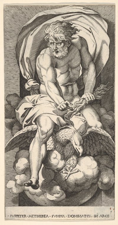 Plade 3: Jupiter dukker op fra en niche, rider på en ørn og holder en torden i sin l..., 1526. af Giovanni Jacopo Caraglio