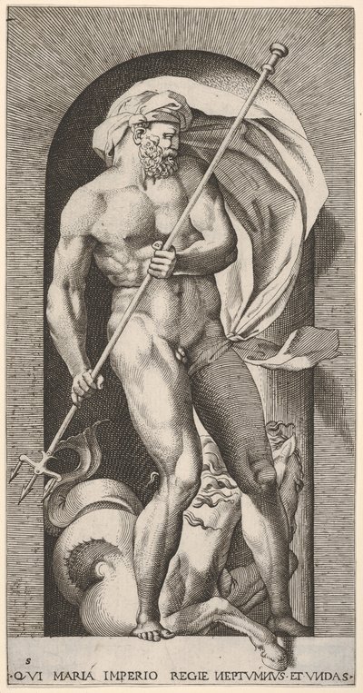 Plade 5: Neptun står i en niche med en trefork, med en hippocampus søhest beh..., 1526. af Giovanni Jacopo Caraglio