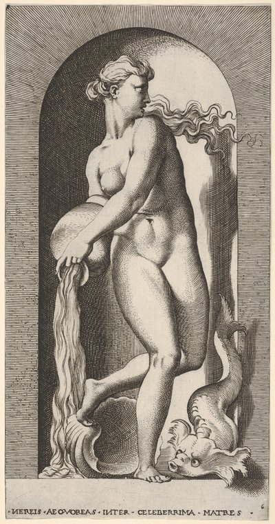 Plade 6: Thetis står i en niche med en skal og et havdyr og hælder vand ud af en ..., 1526. af Giovanni Jacopo Caraglio