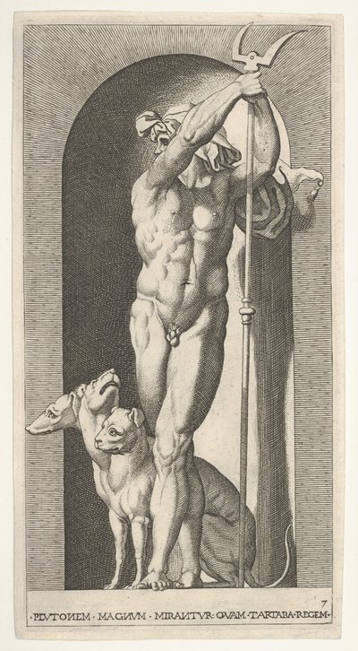 Plade 7: Pluto i en niche, med en bident, med Cerberus ved siden af sig, fra en serie af m..., 1526. af Giovanni Jacopo Caraglio