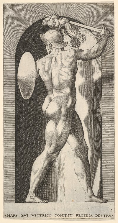 Plade 9: Mars i en niche, med et sværd over hovedet med sin højre arm og et skjold ..., 1526. af Giovanni Jacopo Caraglio