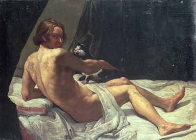 Ung mand liggende på en seng med en kat, 1620 af Giovanni Lanfranco