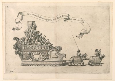 Et paradefly i Reggio, Italien: "The Triumphal Carriage of the Company of St. Roch". Plade 2b fra A. Isacchi, "Forholdet af Alfonso Isachi omkring Madonnaens oprindelse, højtidelighed, oversættelse og mirakler af Giovanni Luigi Valesio