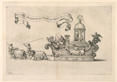 En parade flyder i Reggio, Italien: "Den triumfvogn af broderskabet af det hellige sakramente af St. Stephen". Plade 2a fra A. Isacchi, "Relation af Alfonso Isachi omkring or af Giovanni Luigi Valesio