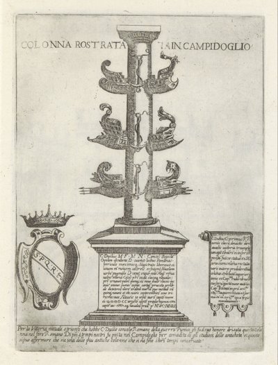 Rostral søjle Rostral kolonne i Campidoglio (titel på objekt) Moderne og antikke monumenter og byggerier i Rom (serietitel) Ornamenter af gamle og moderne bygninger i Alma-byen Rom (serietitel) af Giovanni Maggi