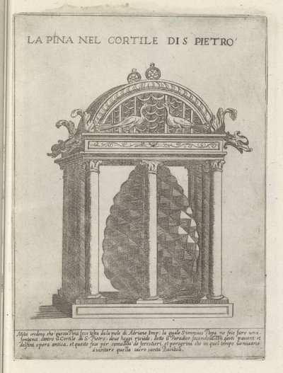 De Pigna te Vaticaanstand La Pina i Cortile di S. Pietro (titel på objekt) Moderne og antikke monumenter og byggerier i Rom (serietitel) Ornamenter af gamle og moderne bygninger i Alma-byen Rom (serietitel) af Giovanni Maggi