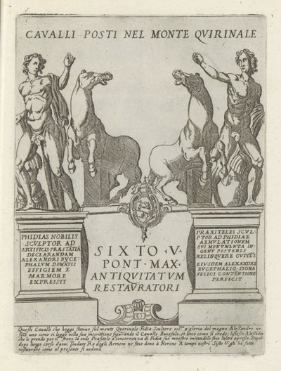 Dioscuren op de Quirinaal Heste placeret i Mount Quirinale (titel på objekt) Moderne og antikke monumenter og byggerier i Rom (serietitel) Ornamenter af gamle og moderne bygninger i Alma-byen Rom (serietitel) af Giovanni Maggi