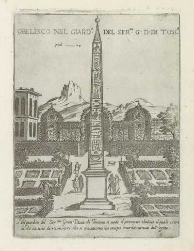 Egyptisk obelisk i haven til Villa Medici i Rom Obelisco nel giard.o del ser.mo G. D. Di Tosc.a (titel på objekt) Moderne og antikke monumenter og bygninger i Rom (serietitel) Ornamenti di fabriche antichi et moderni dell