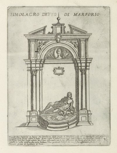 Springvand med statuen af ​​Marforio Simolacro detto di Marforio (titel på objekt) Moderne og antikke monumenter og bygninger i Rom (serietitel) Ornamenti di fabriche antichi et moderni dell