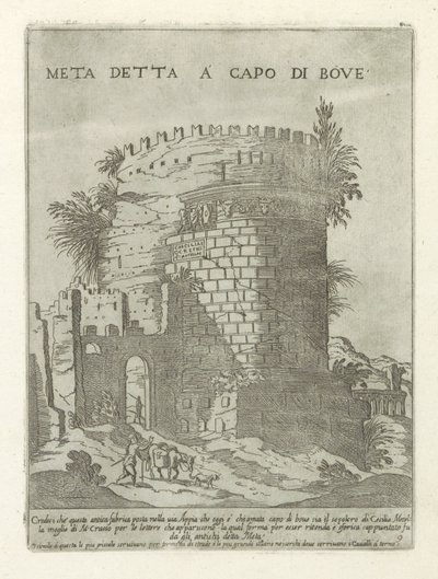 Tombe van Caecilia Metella te Rom Meta sagt i spidsen for oksen (titel på objekt) Moderne og antikke monumenter og byggerier i Rom (serietitel) Ornamenter af gamle og moderne bygninger i Alma-byen Rom (serietitel) af Giovanni Maggi