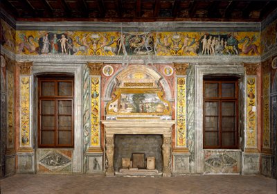 Stjernetegn: "" Balancen""" På toppen medaljoner med portrætter af kejserne Hadrian og Antonin den fromme. Fresken er blevet forringet. Fresko tilskrevet Giovanni Maria Falconetto (1468-1534) 1520 omkring Mantua, Palazzo d