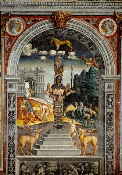 Stjernetegn: "" Løven""" På toppen medaljoner med portrætter af kejser Vitellius og Vespasian. Nedenfor, legende forbundet med fødslen af stjernebilledet svarende til tegnet: guddom Artemis af Ephese. Fresco tilskrevet Giovanni Mar af Giovanni Maria Falconetto