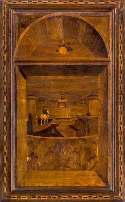 Lignaean Canonical Choir, indlagt af Giovanni Maria Platina 1484, Superior Stallo, Udsigt over Sforzesco Slot i Milano af Giovanni Maria Platina