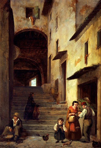 Udsigt over en gade i Sestri Levante, Riviera of Genova, ca 1863, af Giovanni Mochi (1829-1893), olie på lærred, 40x30 cm. af Giovanni Mochi