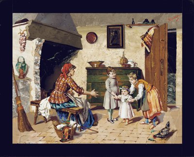Billedplade, der viser en interiørscene i et sommerhus med mor, to unge piger og et spædbarn, der tager sine første skridt, Firenze, ca. 1900-10 (pietra dura) af Giovanni Montelatici