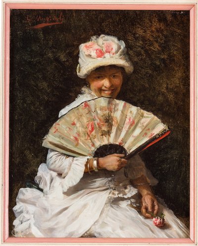 Dame med vifte (olie på lærred) af Giovanni Muzzioli