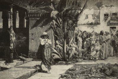 Magdalene, kvinde med turban og procession i mellemøstlig landsby, gravering af brødre Cantagalli fra maleri af Giovanni Muzzioli (1854-1894), Modena, Italien fra L