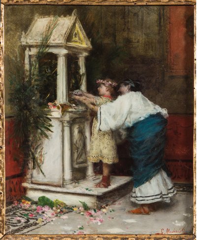 Mor og datter foran et lille tempel (olie på lærred) af Giovanni Muzzioli