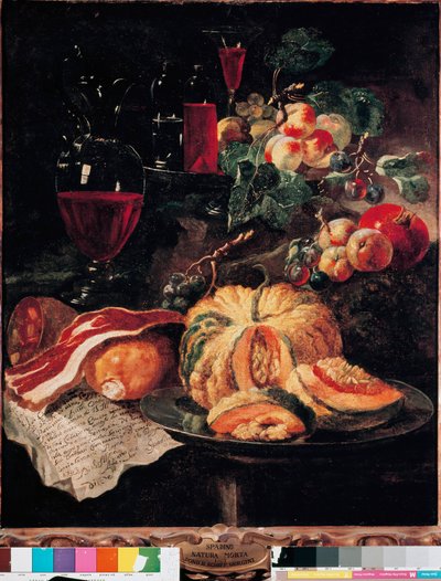 Stilleben Græskar, bacon, skinke, ferskner og vin. Maleri af Giovan Paolo Castelli dit Lo Spadino (1659-1730) 1703 Rom, Museum of the Conservatori capitolini af Giovanni Paolo Castelli