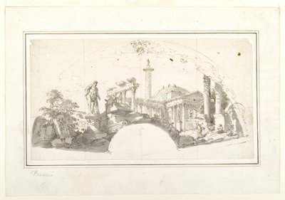 Design for a Fan: Capriccio med romerske ruiner og Farnese Hercules af Giovanni Paolo Panini